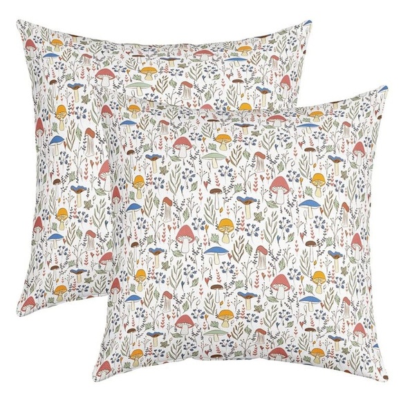 Mushroom Throw Pillow Covers 18"X18" 2 Kawaii Botanical Leaves White Multicolor - Picture 1 of 7